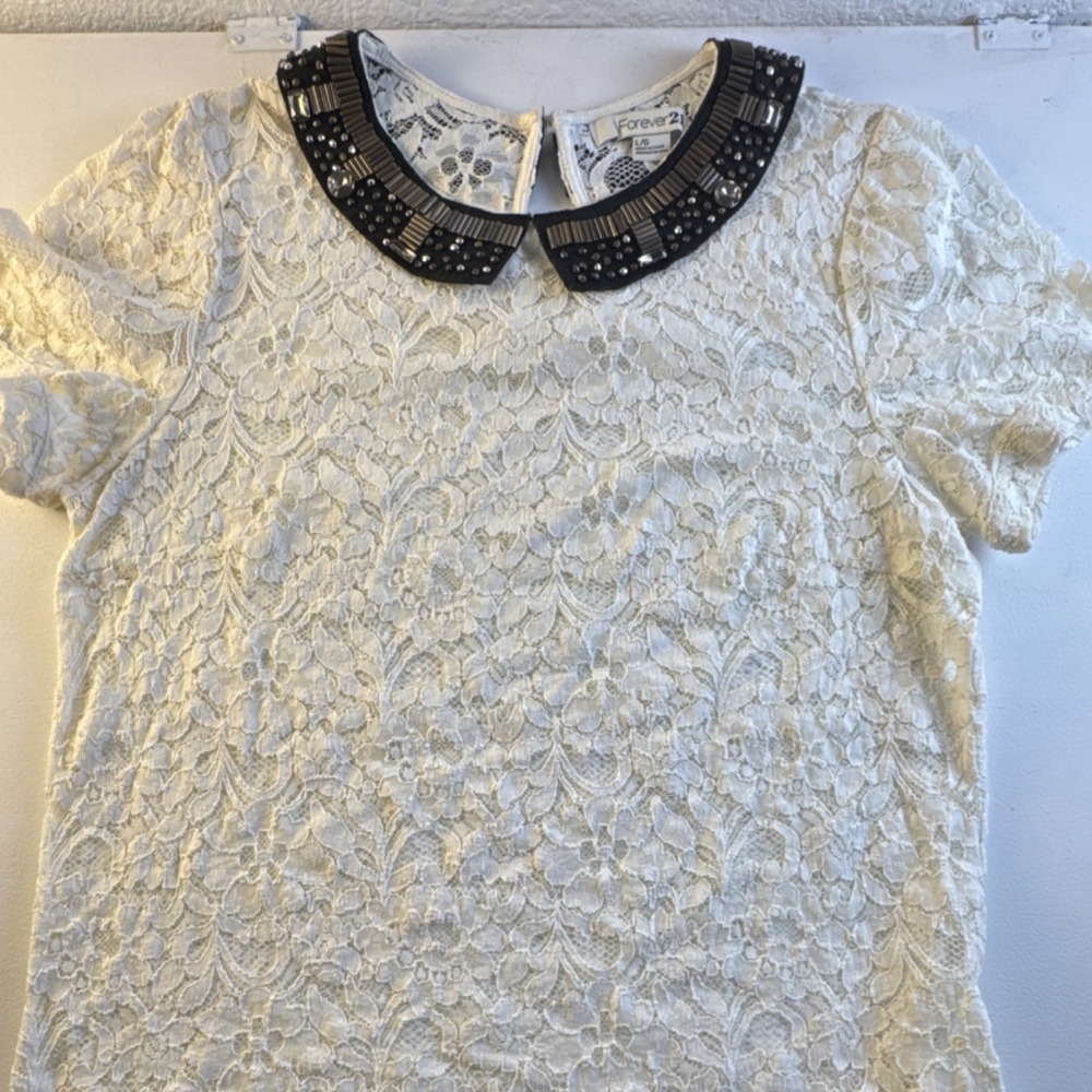 Forever 21 Ivory Floral Lace Blouse Black Beaded Studded Collar Top Large